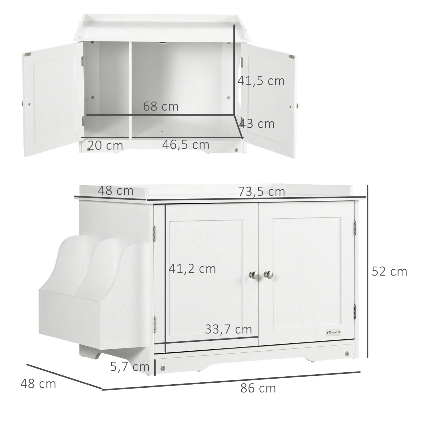 PawHut Katzenschrank für Katzentoilette, weiß, mit Maßen. Wohnzimmerschrank mit Stauraum.