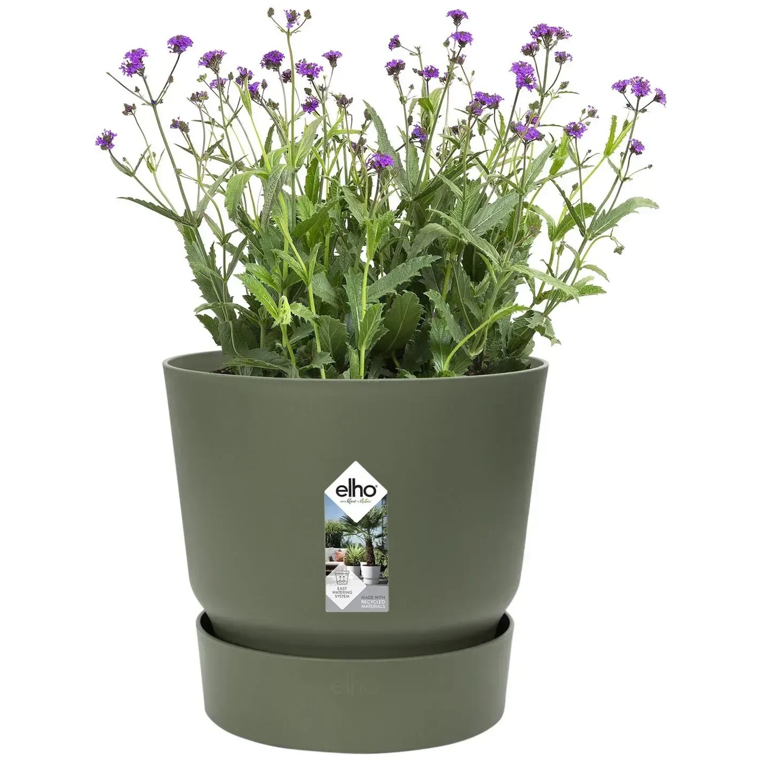 Elho Blumentopf Greenville, rund, 18 cm, Laubgrün, mit lila blühender Pflanze.