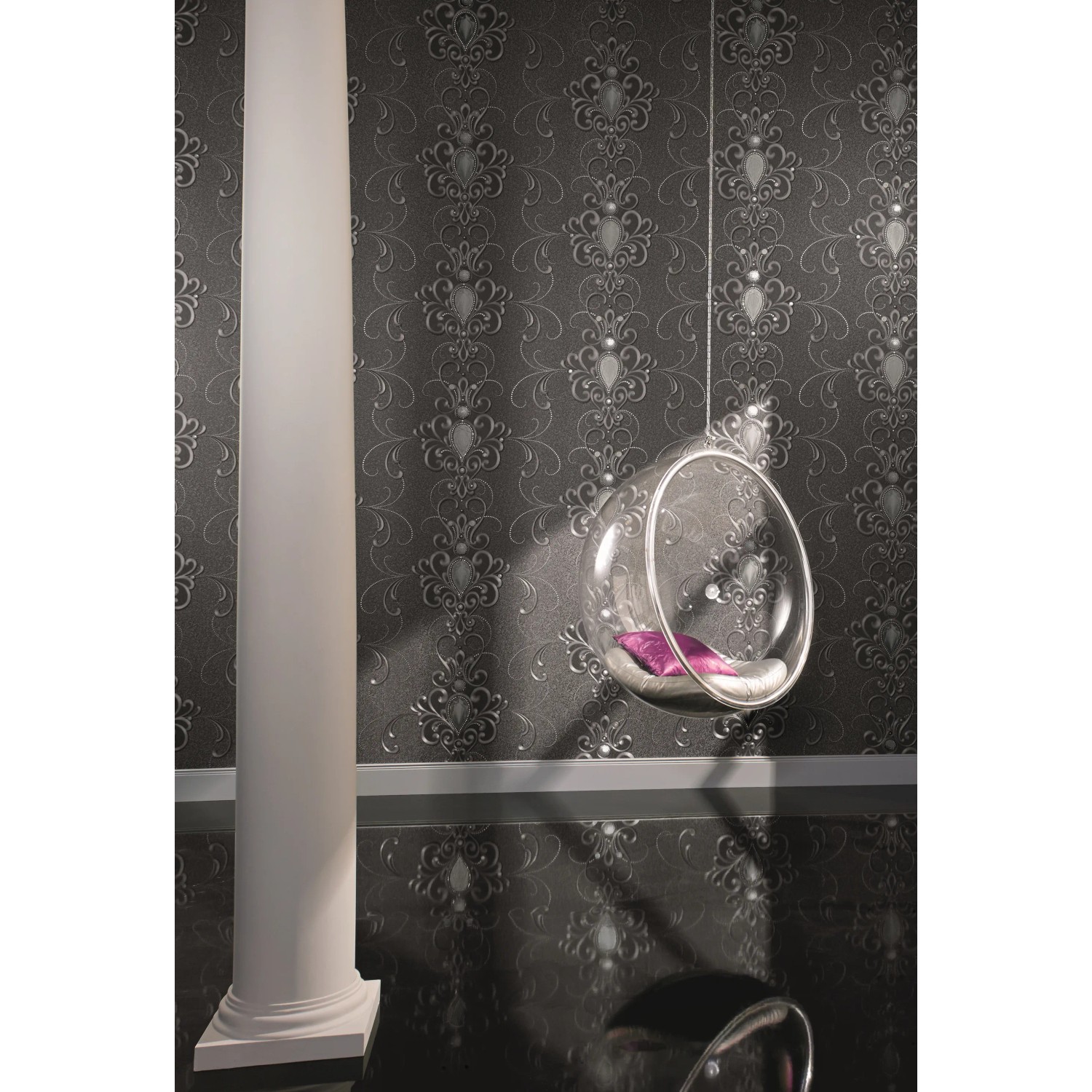 Glööckler Vliestapete Imperial mit floralen Ornamenten in Schwarz für elegante Wandgestaltung.