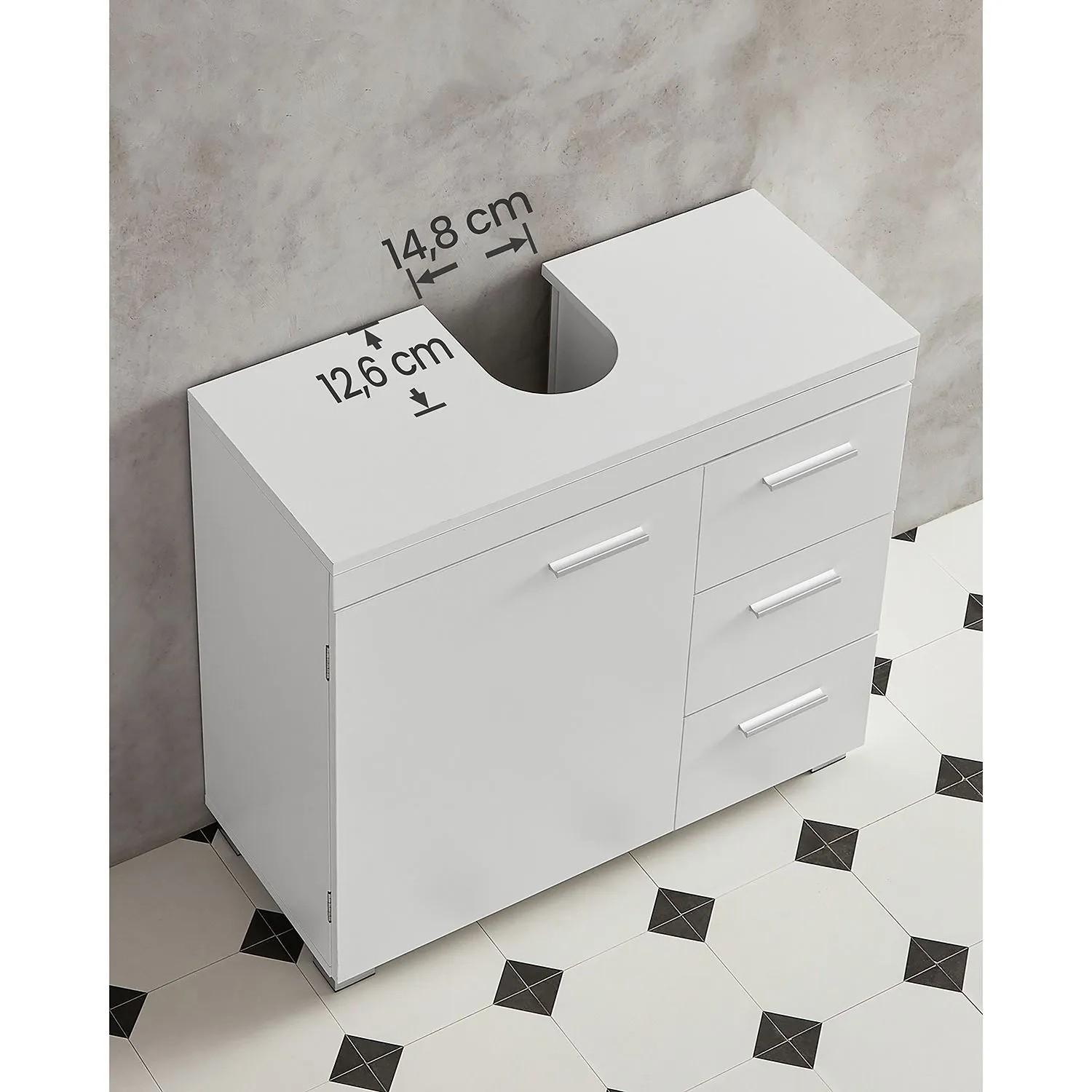 Weißer Vasagle Waschbeckenunterschrank (30x70x64 cm) mit Tür und Schubladen.