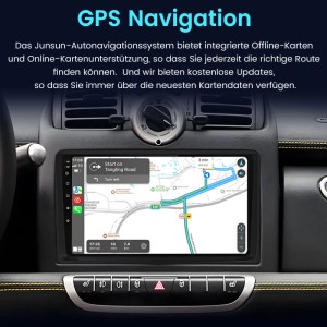 Junsun 9 Zoll Autoradio im BENZ Smart Fortwo Armaturenbrett mit aktiver GPS Navigation und Routenanzeige.