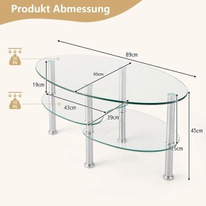 Costway Couchtisch Glas, ovaler Wohnzimmertisch mit 2 Ebenen und Maßangaben.