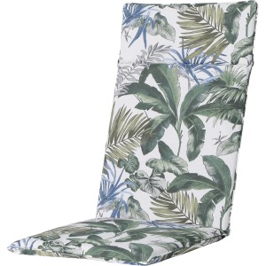 Madison Hochlehner Auflage Outdoor Bliss Blue, 120x50 cm, mit tropischem Blätter-Muster.