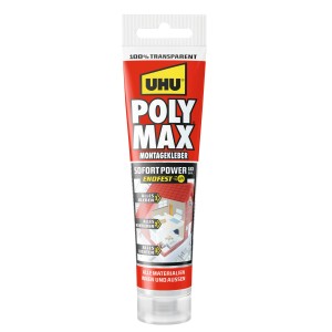 UHU Poly Max Montagekleber Sofort Power, transparente Tube 115g. Starker Baukleber für innen & außen.