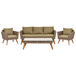 Beliani Lounge Set VITTORIA XL aus braunem Rattan mit olivgrünen Kissen, bestehend aus Sofa, 2 Sesseln und Couchtisch.