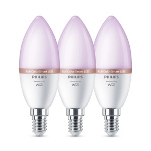 3er Set Philips WIZ E14 LED-Leuchtmittel in Kerzenform mit warmweißem Licht.