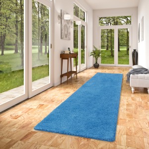 Blauer Snapstyle Hochflor Shaggy Teppichläufer Palace, 80x160cm. Flauschiger Langflor Teppich.