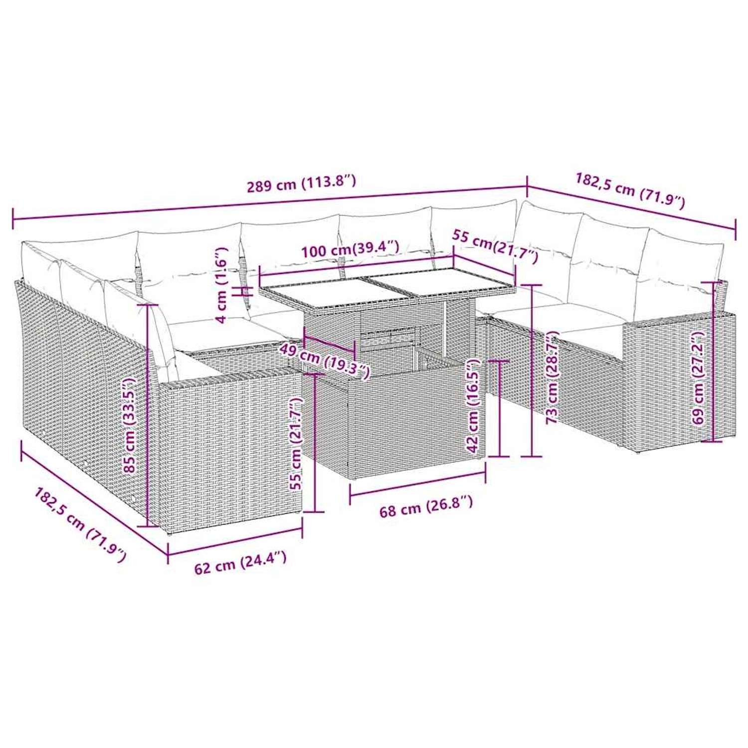 Graue 10-tlg. vidaXL Garten-Sofagarnitur aus Rattan mit Kissen, Maße eingezeichnet.