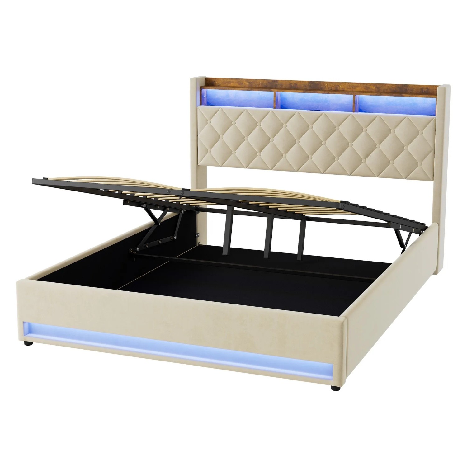 okwish Polsterbett mit LED Beleuchtung USB Steckdosen Schlafzimmer 160x 200 cm Beige