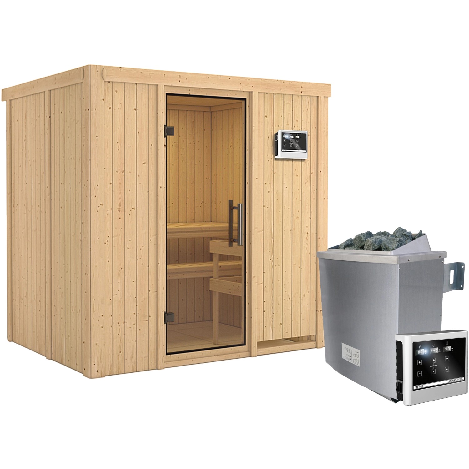 Karibu Sauna Bjarne, Ofen, externe Steuerung Easy, Glastür