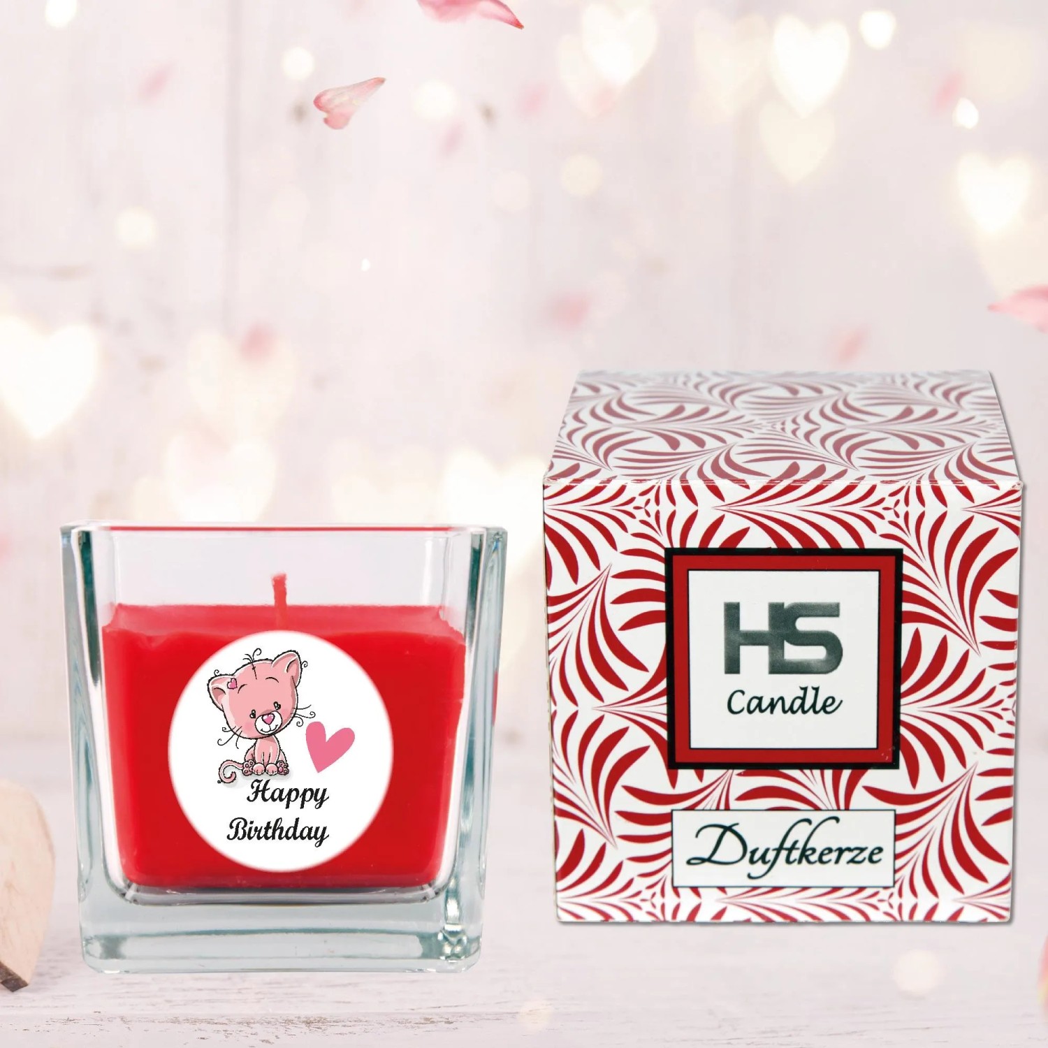 HS Candle Duftkerze Happy Birthday mit Katze im Glas und Geschenkverpackung.