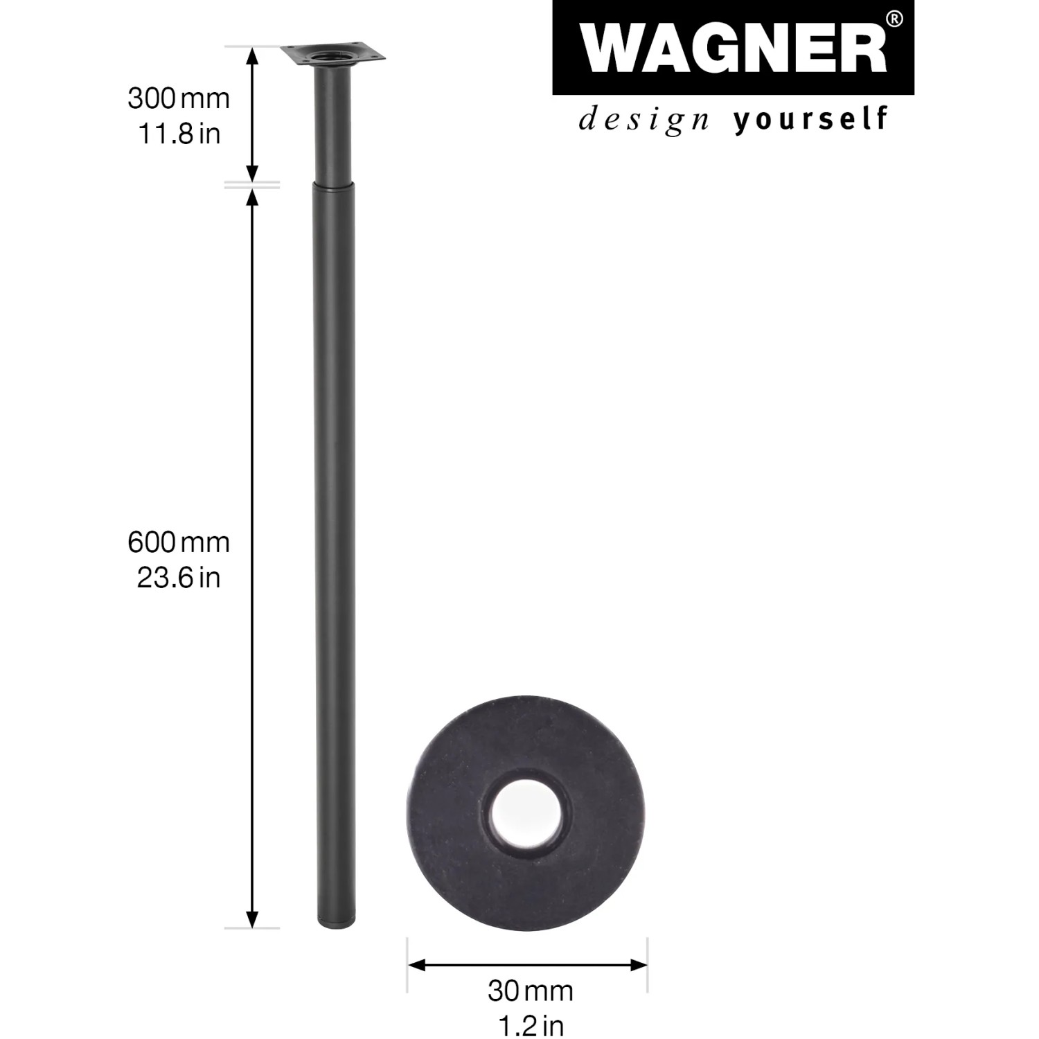 Wagner Möbelbein Telescope, höhenverstellbar, schwarz-matt, 60-90 cm.