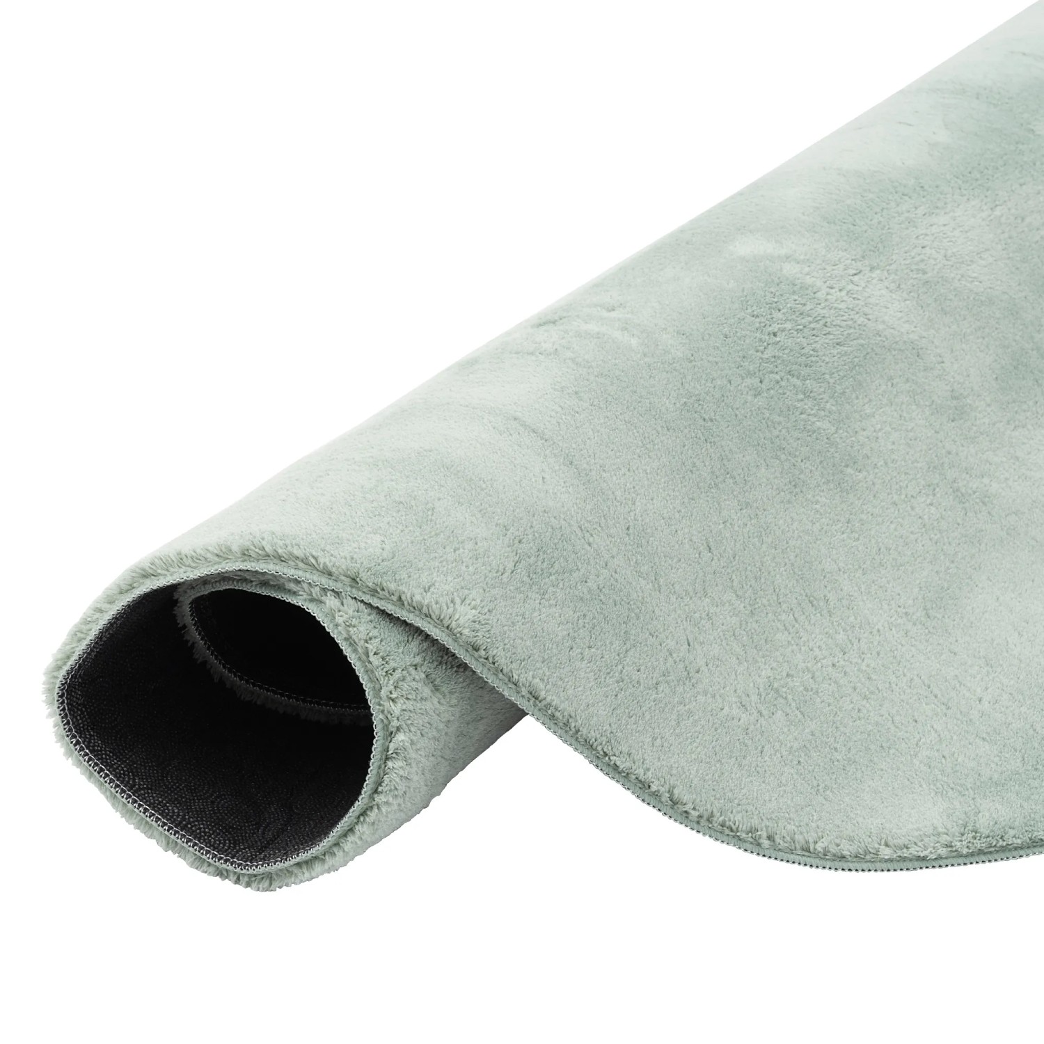 Gerollter, runder, grüner Fellteppich Pergamon Luxus Super Soft (160x160cm).