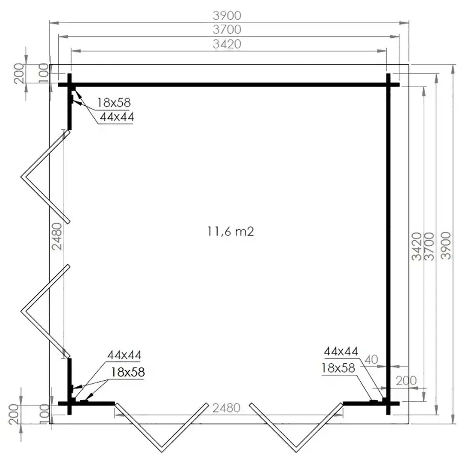 Grundriss Alpholz Gartenhaus Sunshine, 350x342 cm, Holz-Gartenhaus mit Maßangaben.