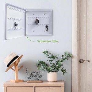 Weißer Banjado Schlüsselkasten mit Hasenmotiv, 30x30cm, 50 Haken, Tür links, beschreibbar & magnetisch.