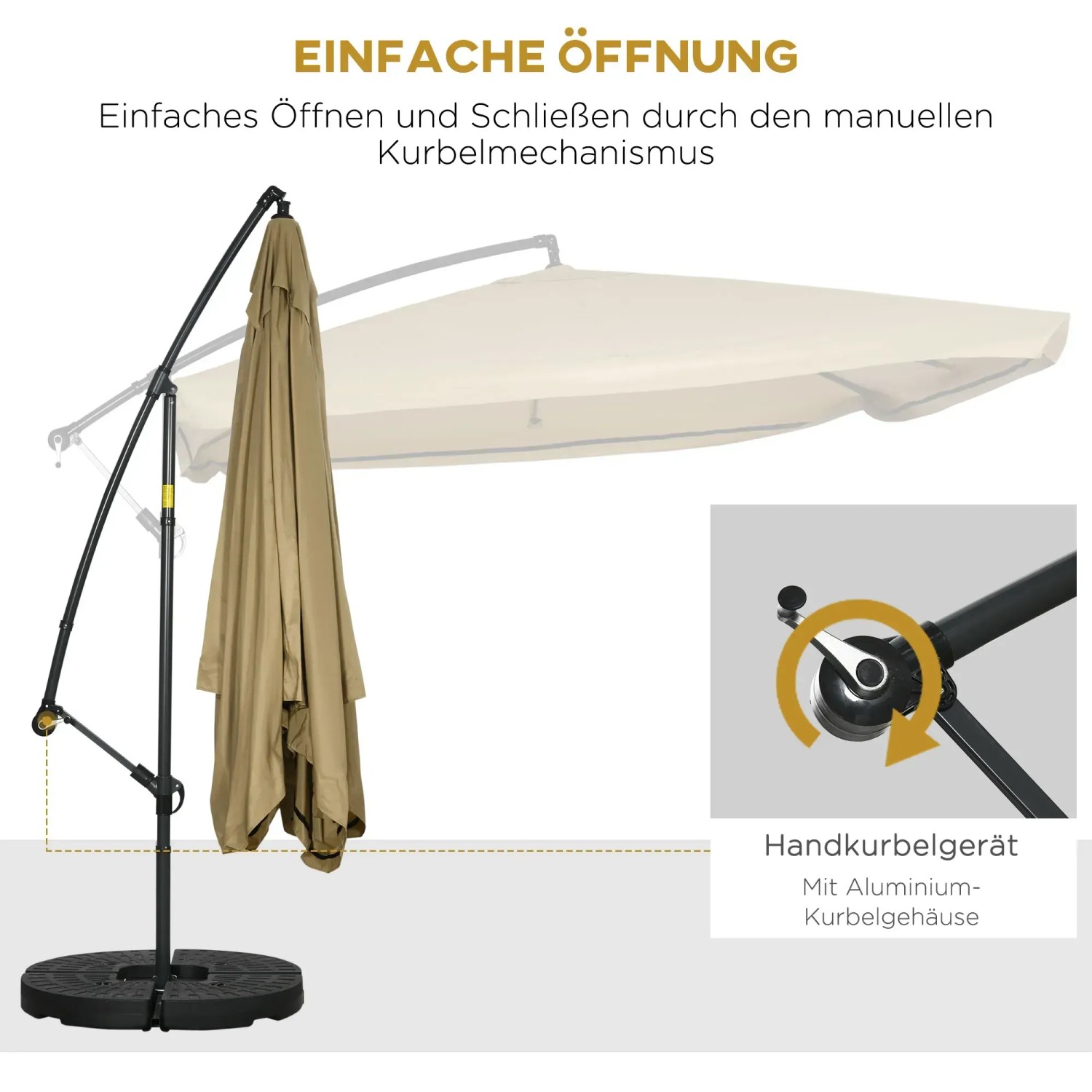 Beiger Outsunny Gartenschirm mit Stahlgestell, Kurbel und Beschwerungsplatten.