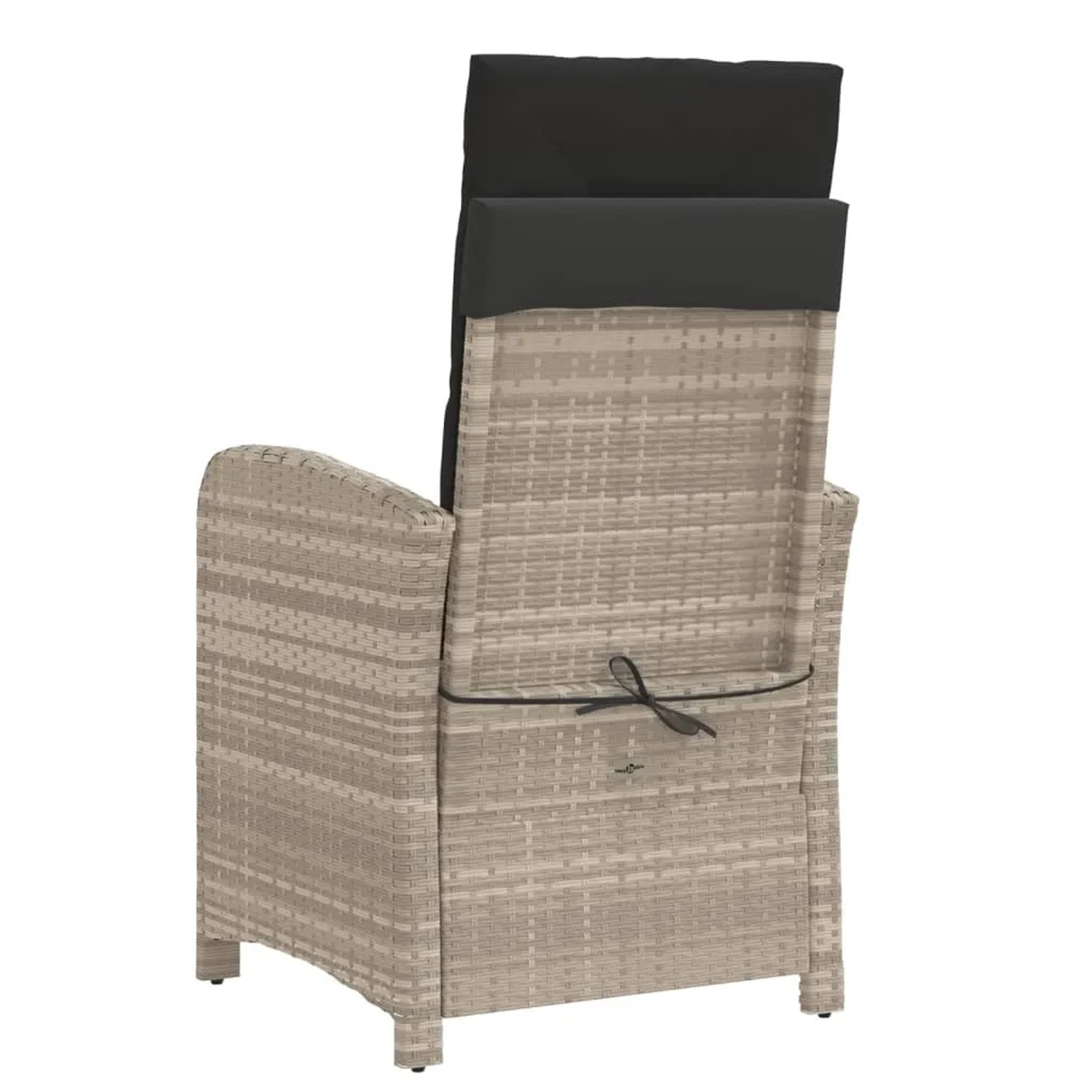 Hellgraues Rattan Bistro-Set mit anthrazitfarbenen Kissen, Gartenmöbel für Balkon und Terrasse.