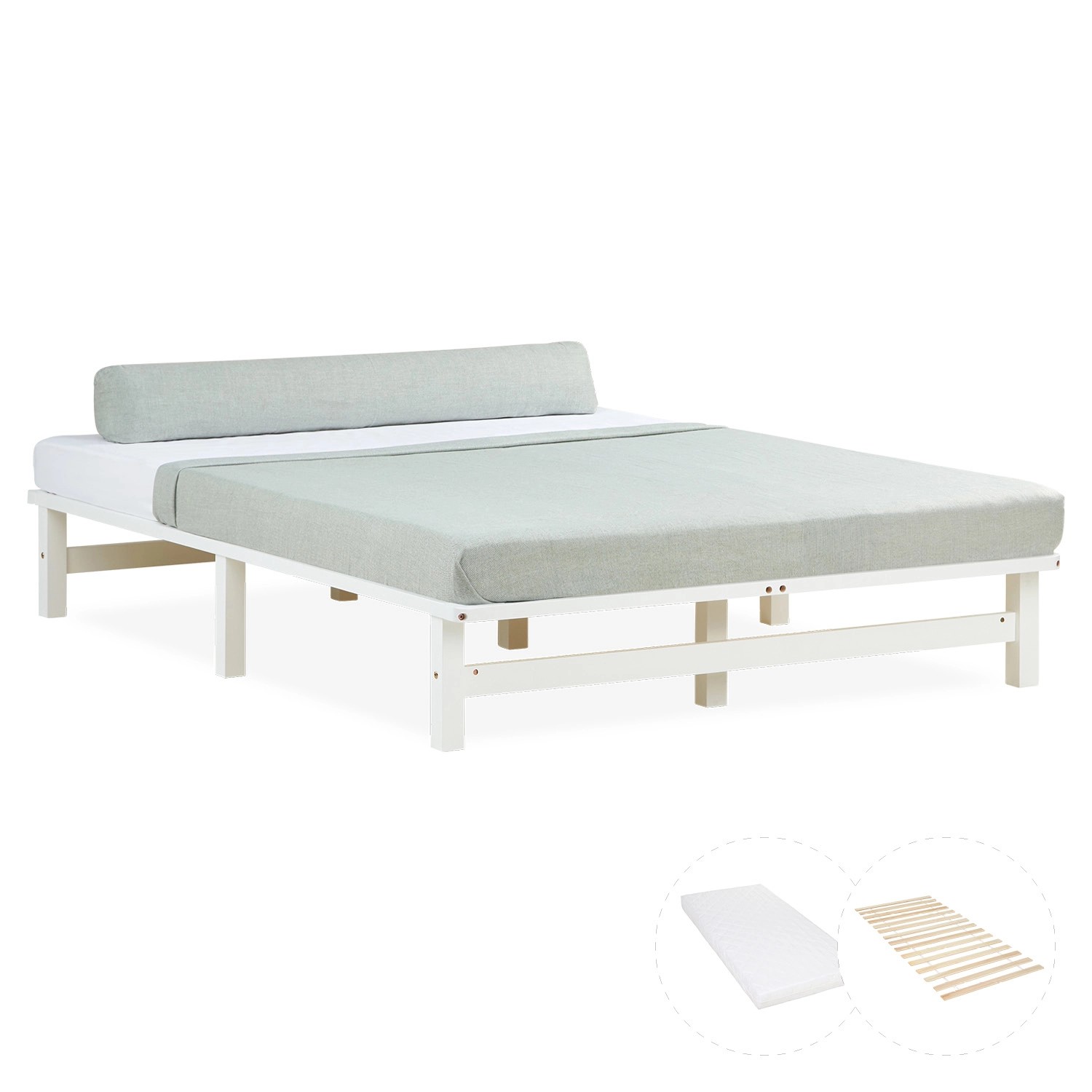 Homestyle4u Holzbett Jugendbett Palettenbett 140x200 mit Matratze Weiß Futonbett 3048