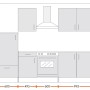 Skizze der Menke Küchenzeile Premium 270 cm in Lava Hochglanz und Sonoma Eiche Nachbildung mit Maßangaben.