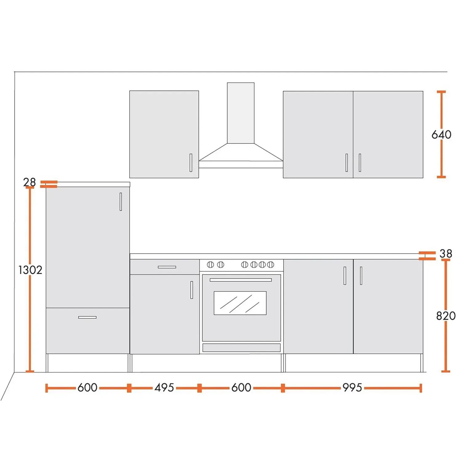 Skizze der Menke Küchenzeile Premium 270 cm in Lava Hochglanz und Sonoma Eiche Nachbildung mit Maßangaben.