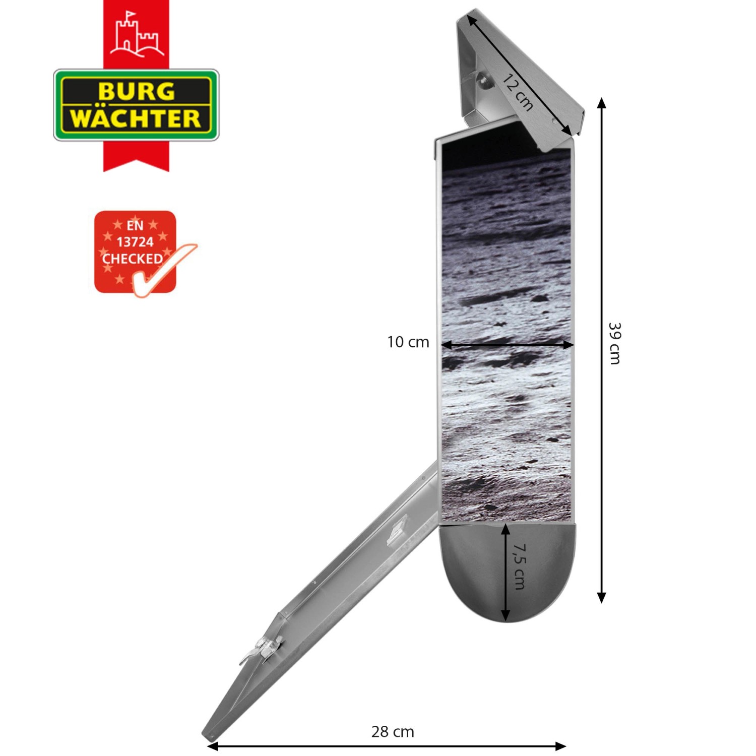 Moderner Edelstahl Briefkasten mit Zeitungsfach und Astronauten Motiv, 38x39x12cm.