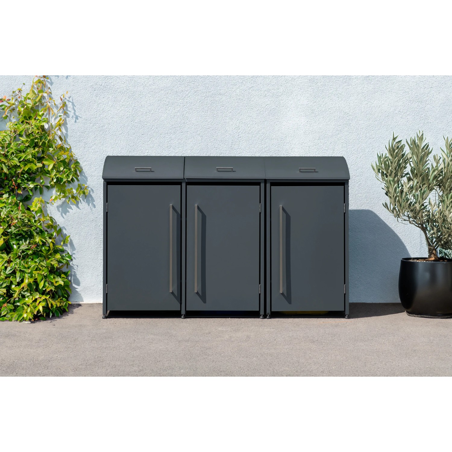 Westmann Mülltonnenbox Moderna für 3 Tonnen (je 240 l) in Anthrazit. Aufbewahrungsbox aus Stahl mit Gasdruckfedern.