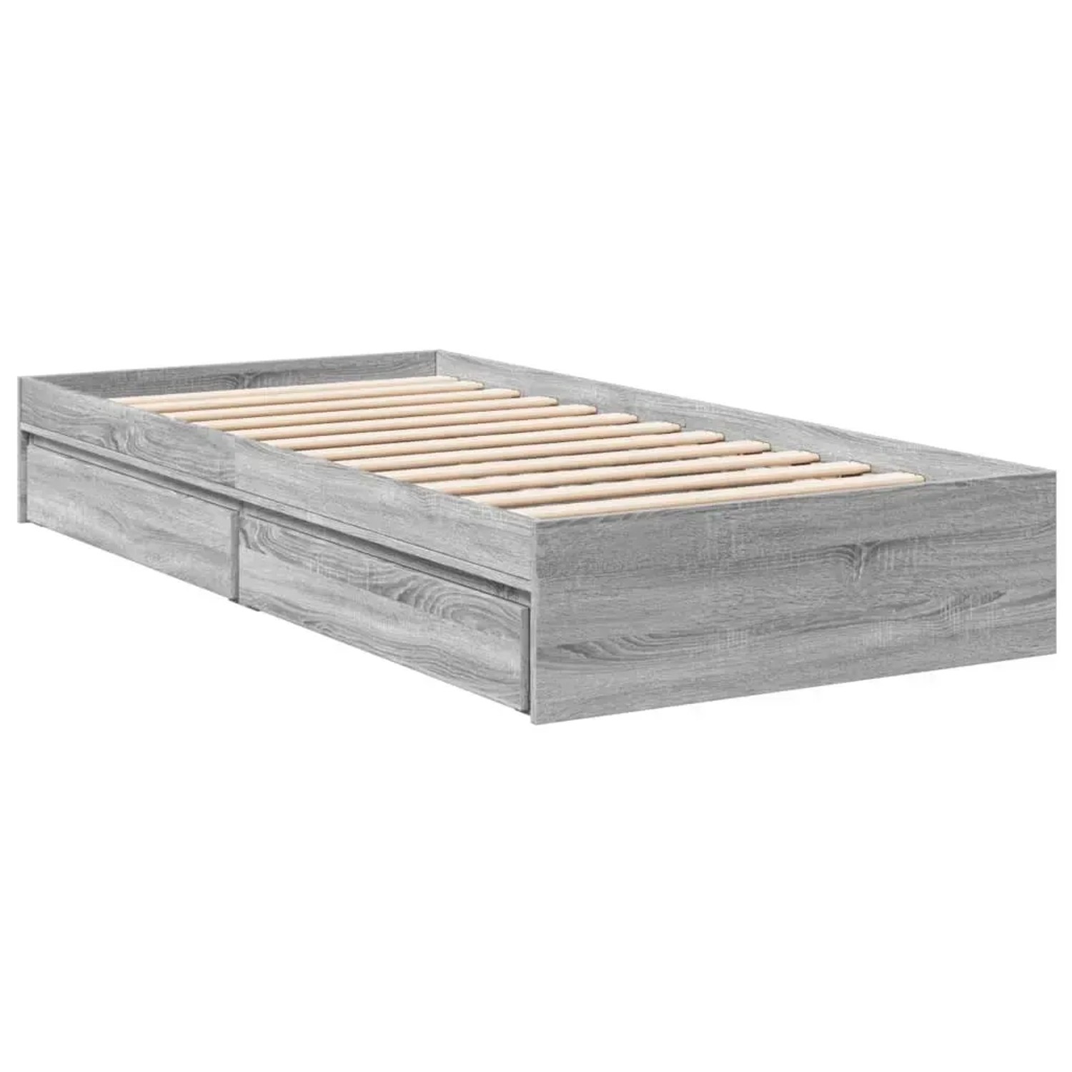 Graues Bettgestell Sonoma 100x200 cm mit Schubladen aus Holzwerkstoff.