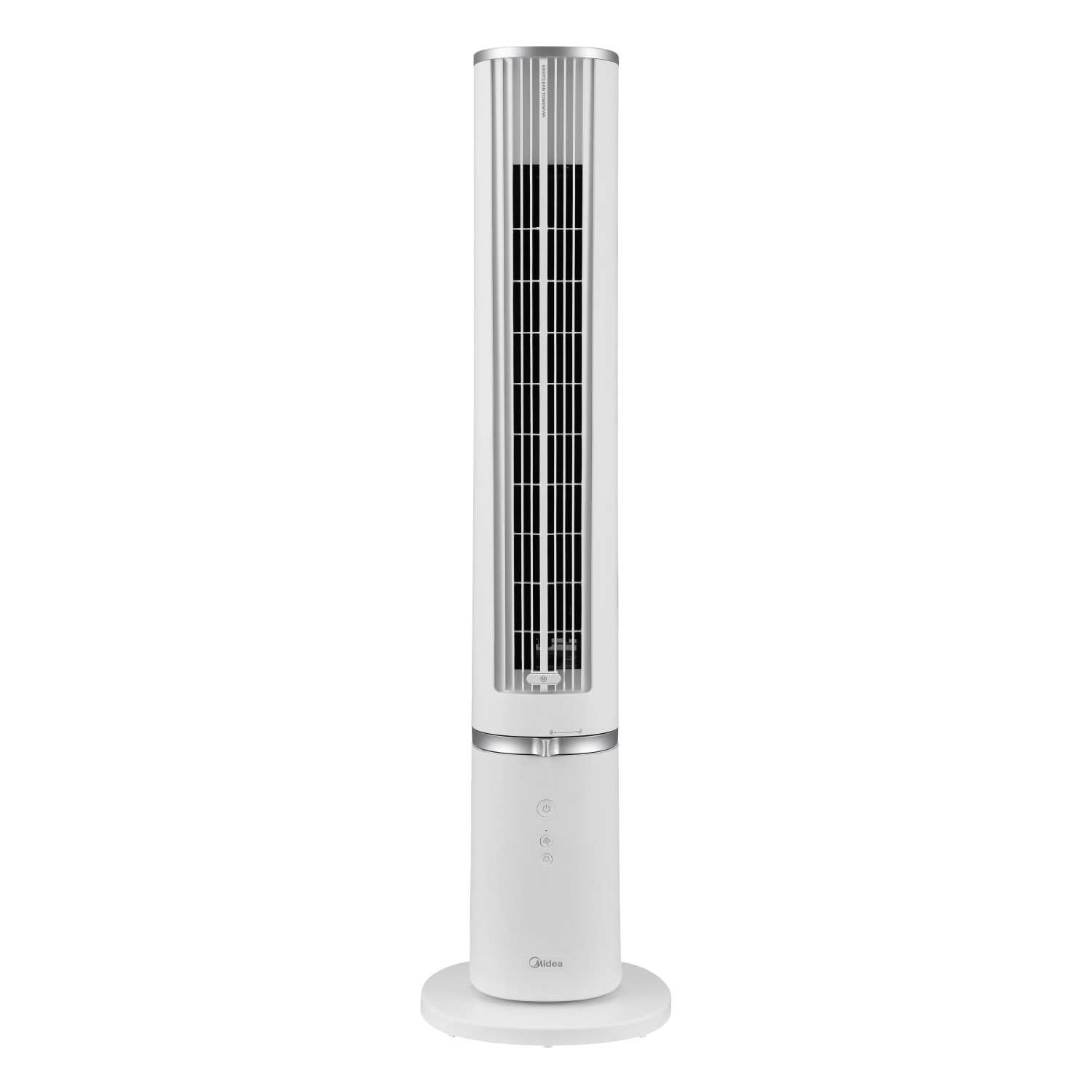 Weißer Midea Turmventilator, 103 cm hoch, mit silbernen Akzenten. Ideal für die Luftzirkulation.
