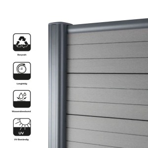 Detailansicht des grauen KARAT WPC Sichtschutzzauns mit Pfosten, ideal für Garten und Terrasse.