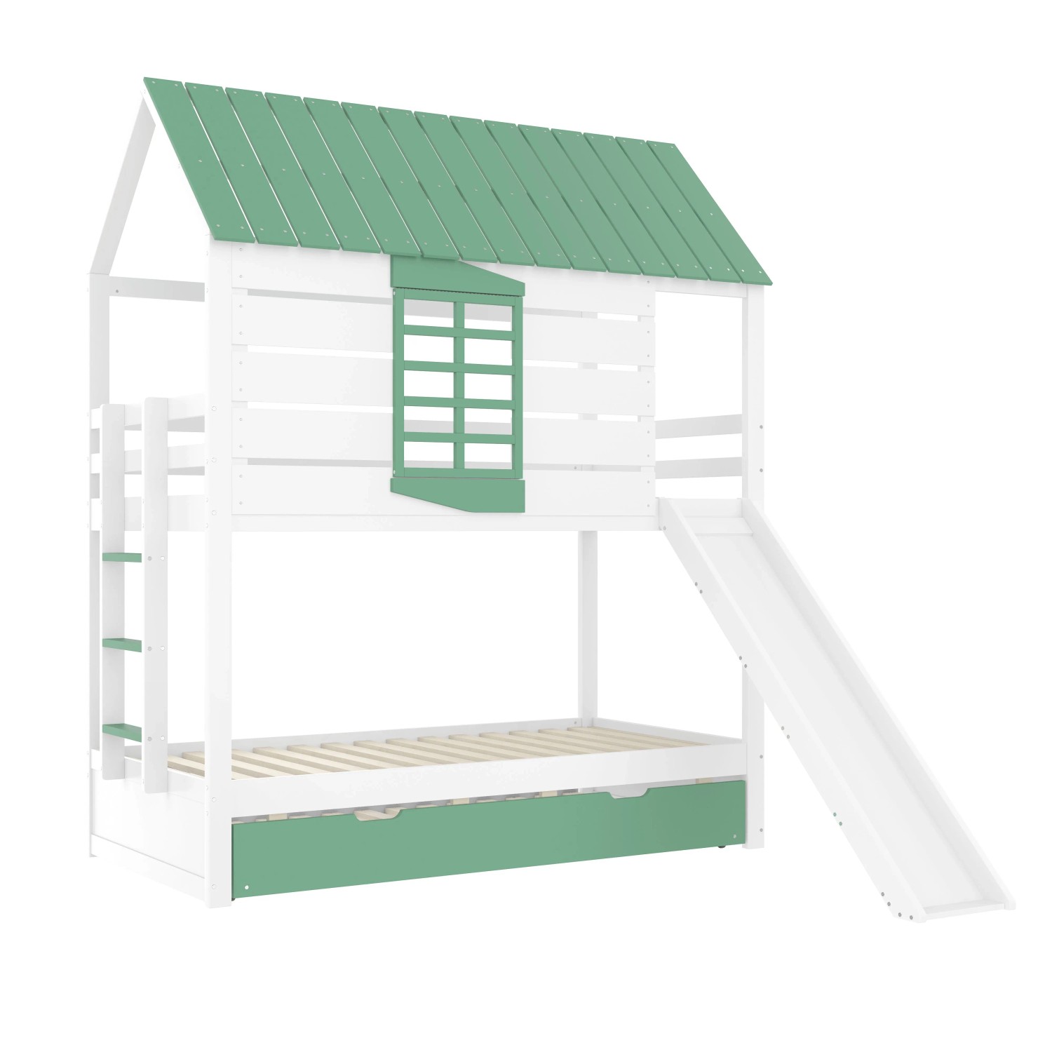 Merax Haus Etagenbett 90x200 cm mit Rutsche Ausziehbett Weiß Grün