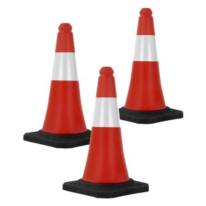 3er Set rot-weiße Verkehrskegel, 51cm hoch, mit reflektierendem Streifen und schwerem, schwarzen Fuß.