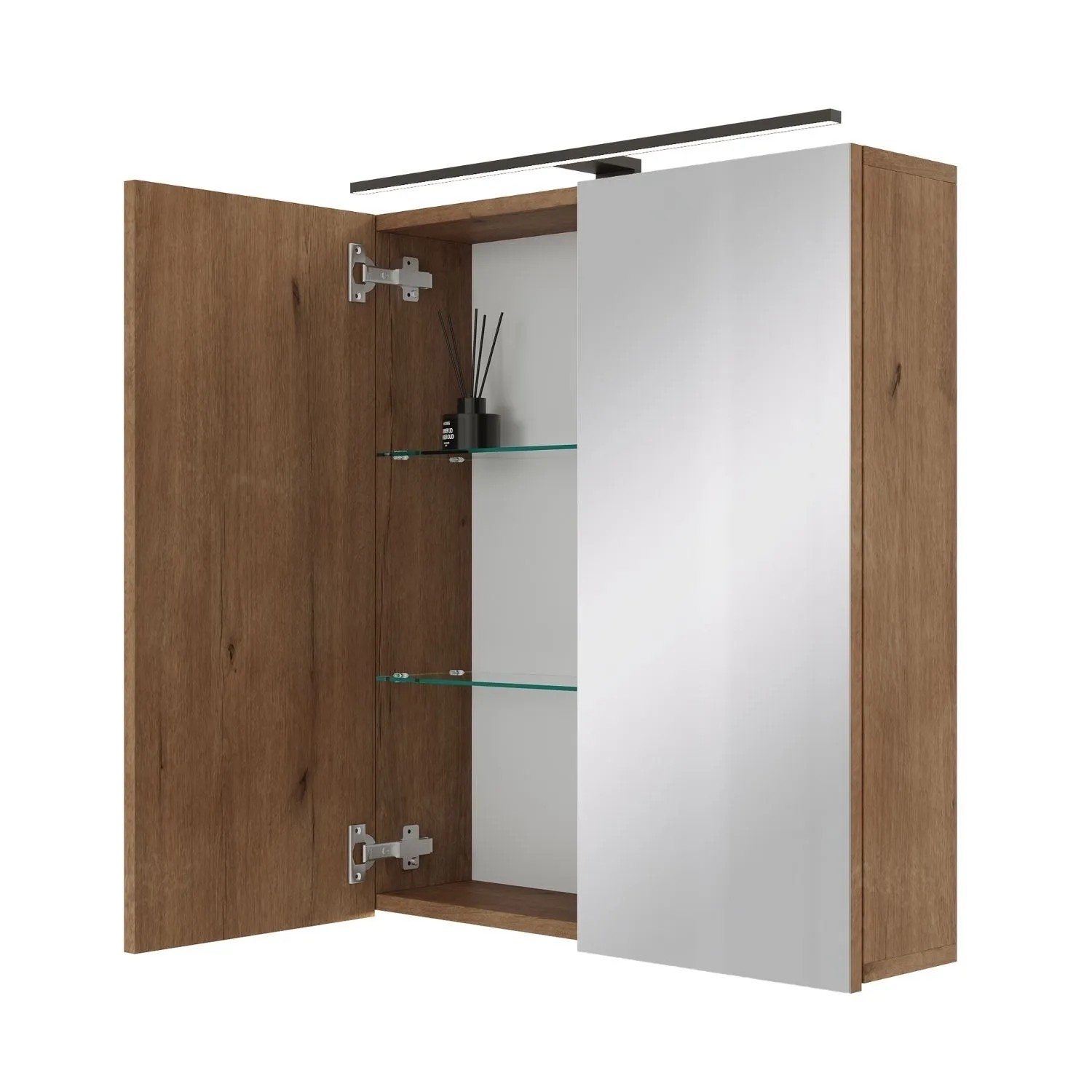Planetmöbel ARIA Spiegelschrank 60 cm Gold Eiche mit LED Leuchte Schwarz Steckdosenbox 230 V