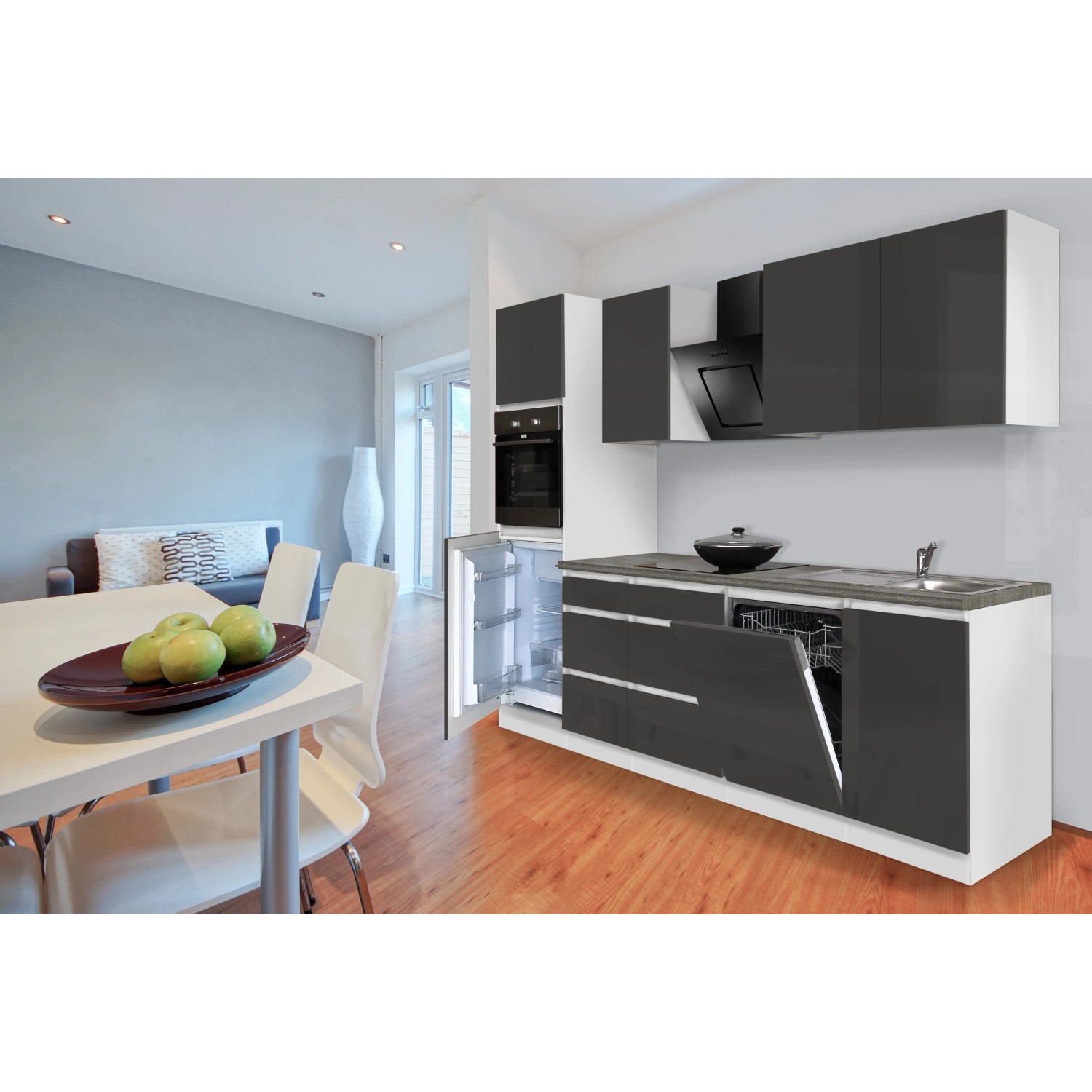 Moderne Respekta Küchenzeile GLRP280HWG in Grau Hochglanz mit Granit-Optik und Elektrogeräten.