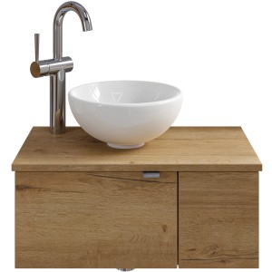 Pelipal Einzelwaschtisch Serie 6915, 61 cm, Eiche Dekor mit rundem Aufsatzwaschbecken und Armatur.