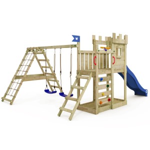 Wickey Spielturm GateFlyer mit blauer Rutsche, Schaukel und Kletterwand für den Garten.