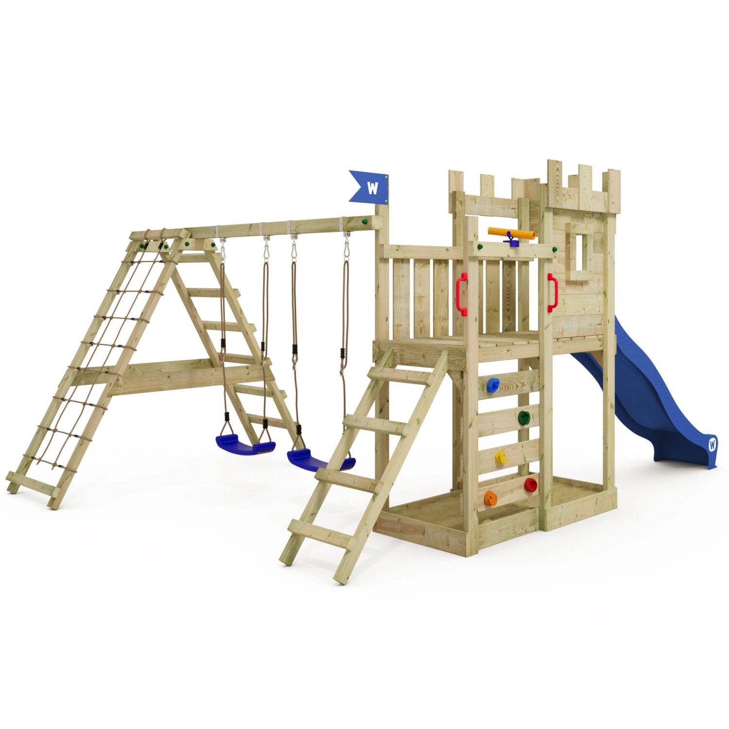 Wickey Spielturm GateFlyer mit blauer Rutsche, Schaukel und Kletterwand für den Garten.