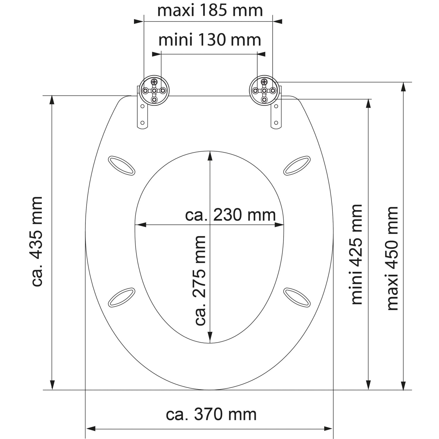Technische Zeichnung: Schütte WC-Sitz Shell Heart mit Holzkern und Absenkautomatik, Maße und Details.
