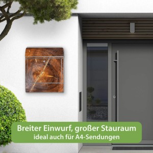 Banjado Design Briefkasten Silber Pulverbeschichtet 39x47x14cm 2 Schlüssel Mit Zeitungsfach Motiv Holzring mit Rissen