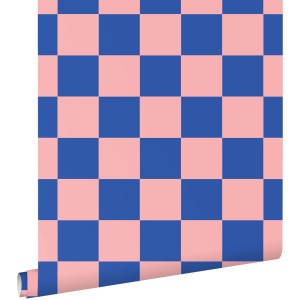 ESTAhome Vliestapete mit Karomuster in Rosa und Königsblau, 50x900 cm.