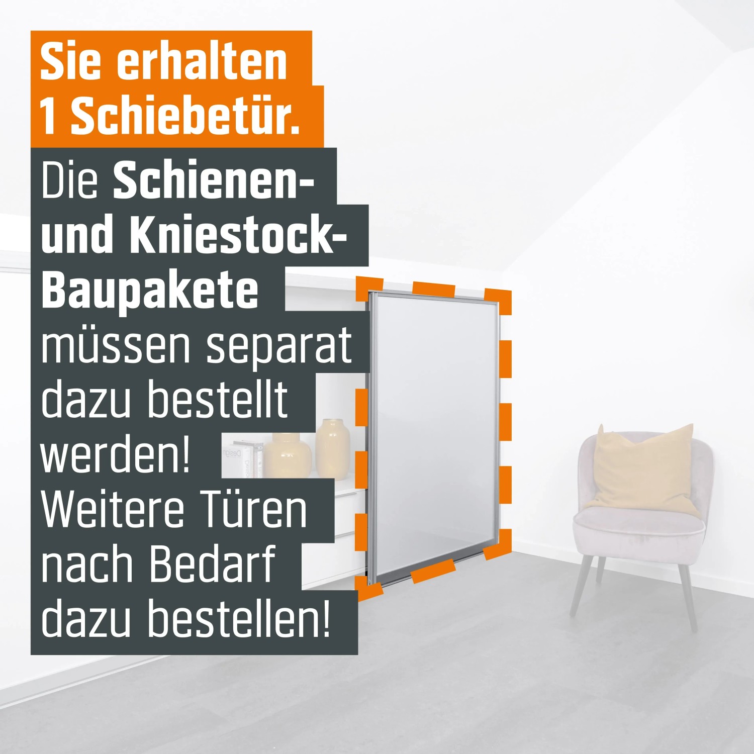 Kniestock Schiebetür-Baupaket Profil Silber Dekor. Flexibel anpassbare Schiebetür für Dachschrägen.