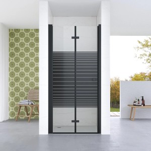 Aquabatos Dusch-Falttür 90x187 cm mit mattschwarzen Profilen und horizontalen Streifen für Sichtschutz im Bad.