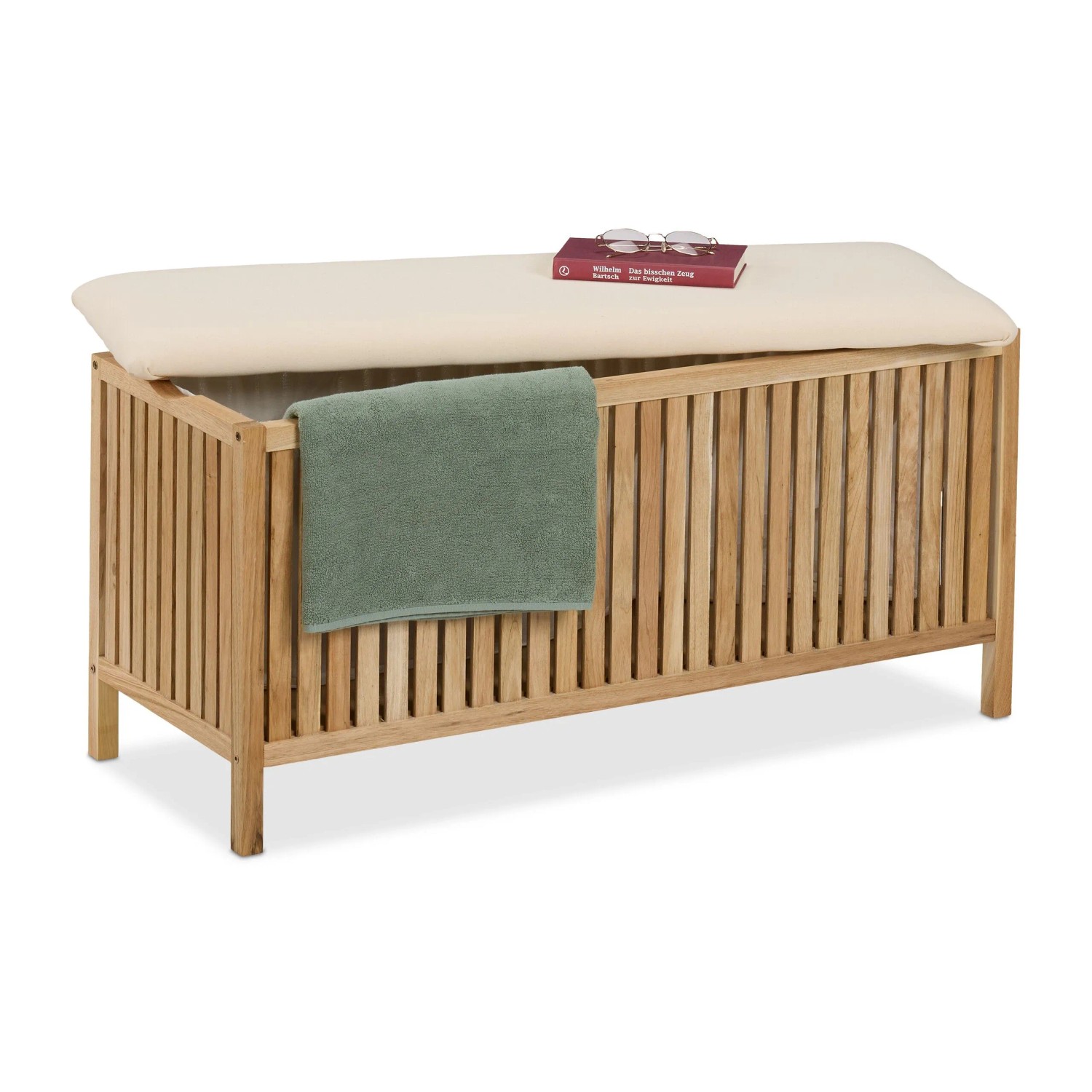 Relaxdays Wäschetruhe Walnussholz Natur Weiß Mit Sitz 50 cm x 100 cm x 38 cm 8,1 kg