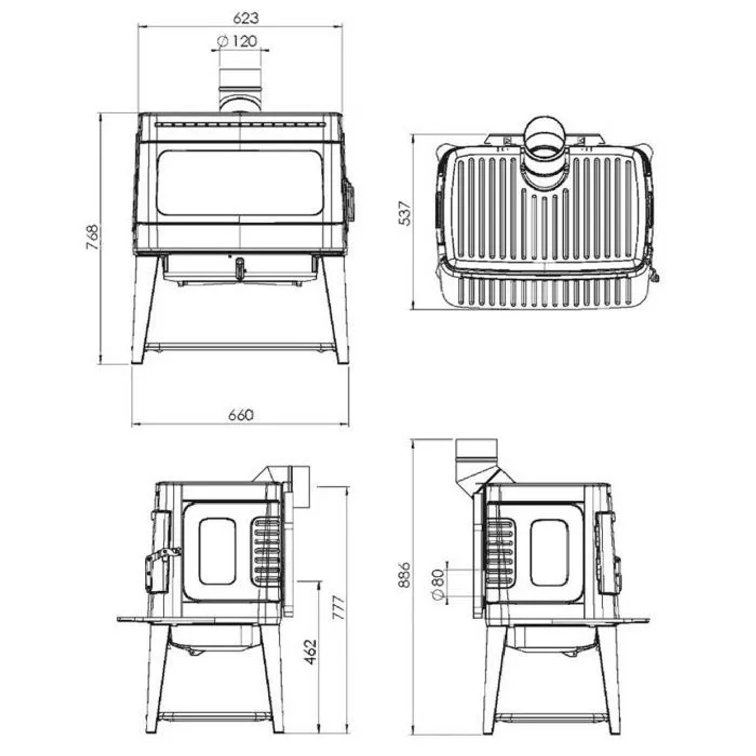 Technische Zeichnung Plamen Gusskaminofen Authentic 50 mit Herdplatte, Maße und Details.