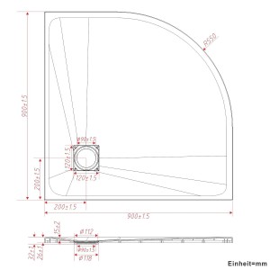 Technische Zeichnung: Aquabatos Viertelkreis Duschwanne 90x90cm mit Maßen.
