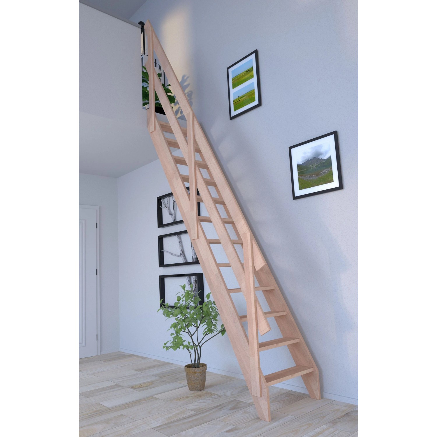 StarWood Buche Treppe mit Holzgeländer und 2 Querleisten im Innenraum.