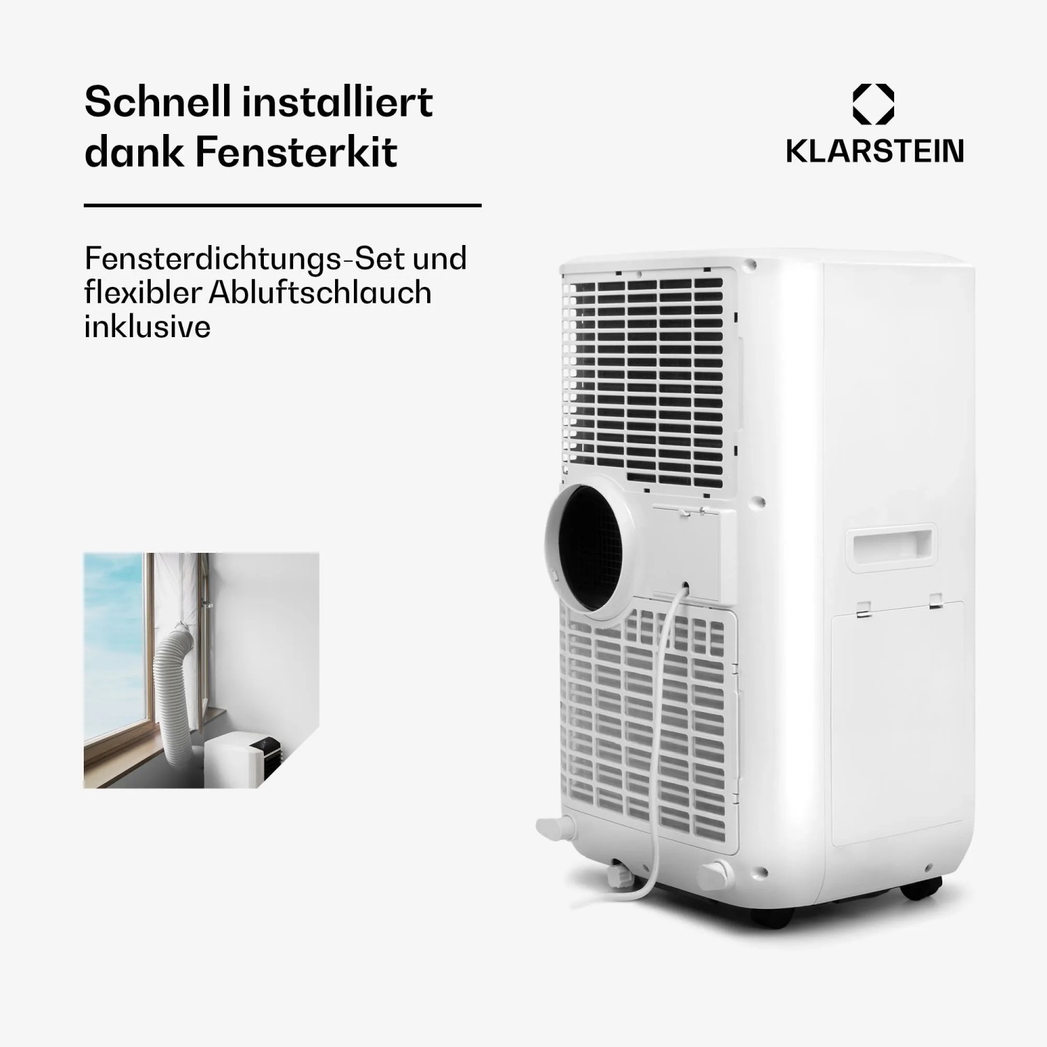 Klarstein Max Breeze Smart Klimaanlage, weiße Rückseite mit Abluftschlauch und Fensterabdichtung.
