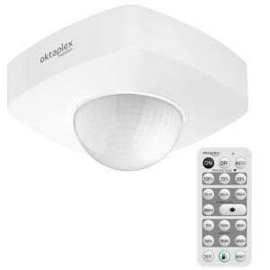 Weißer Oktaplex Tim Bewegungsmelder 360° für Deckenmontage, mit Fernbedienung für den Außenbereich.
