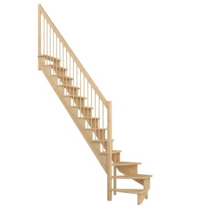 Dolle Raumspartreppe Lyon aus heller Kiefer, 1/4-gewendelt unten links, mit Holzgeländer. Innentreppe 75 cm.