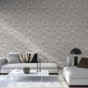 Marmor Optik Vliestapete mit geometrischem Muster in Silber Grau im Wohnzimmer.