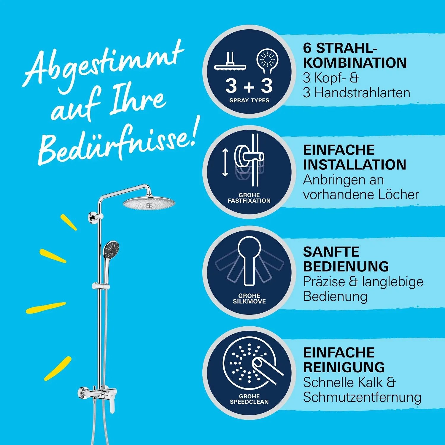 Grohe QuickFix Duschsystem Vitalio Joy 260 mit Kopf- und Handbrause, Wandmontage.
